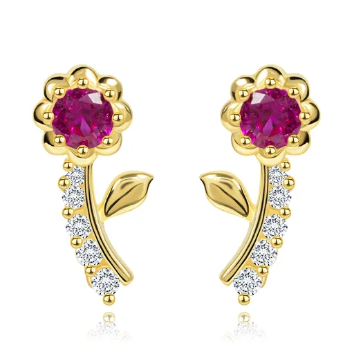 Zlaté náušnice 14K květ se syntetickým rubínem a zirkony