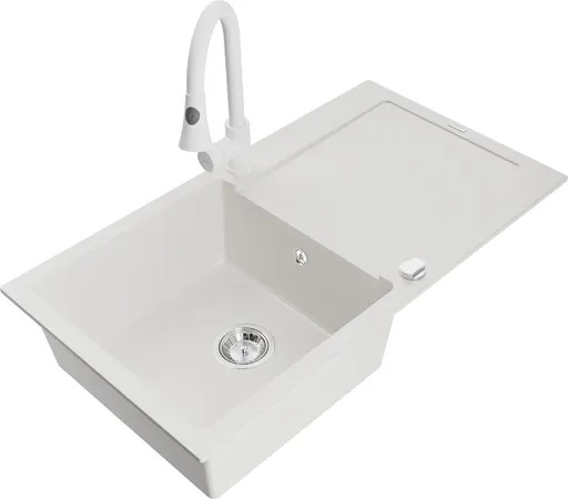 MEXEN/S Leo granitový dřez 1-miska s odkapávačem včetně baterie Elia, bílá 6501-20-670101-20