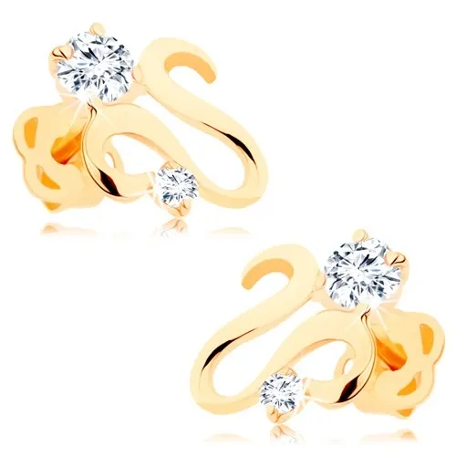 Náušnice ve žlutém 14K zlatě - lesklá zvlněná stuha, dva zirkony čiré barvy