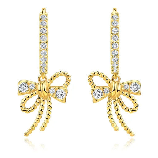 Kulaté náušnice ze žlutého zlata 585 - vroubkovaná mašle, čiré zirkony