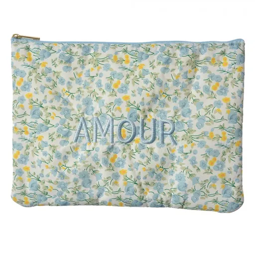 Modrá látková toaletní taštička s kvítky Amour - 22*1*16 cm Clayre & Eef