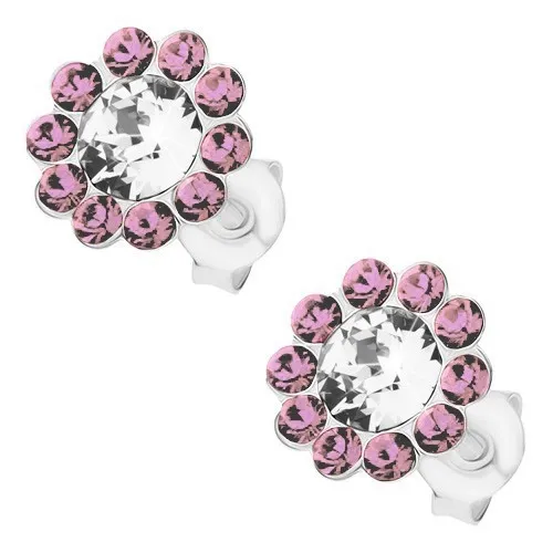 Náušnice ze stříbra 925, blýskavý kvítek, čiré a fialové krystaly Preciosa