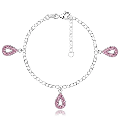 Náramek ze stříbra 925 - tři slzičkové přívěsky, růžové zirkony