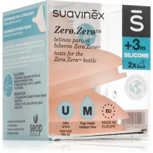 Suavinex Zero Zero Bottle Teat savička na láhev M Medium Flow 3 m+ 2 ks