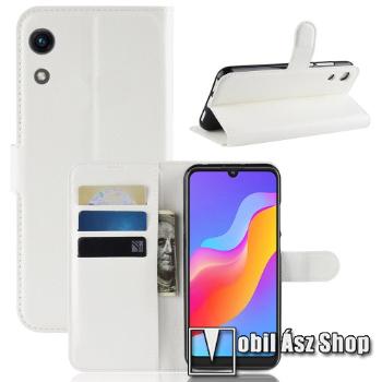 Notesz tok / flip tok - FEHÉR - asztali tartó funkciós, oldalra nyíló, rejtett mágneses záródás, bankkártyatartó zseb, szilikon belső - HUAWEI Honor Play 8A