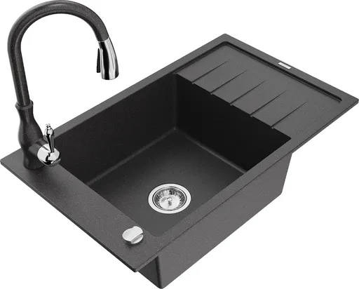 MEXEN/S Elias Elias granitový dřez 1-miska s odkapávačem včetně baterie Savita, černá kropenatá 6511-76-672601-76