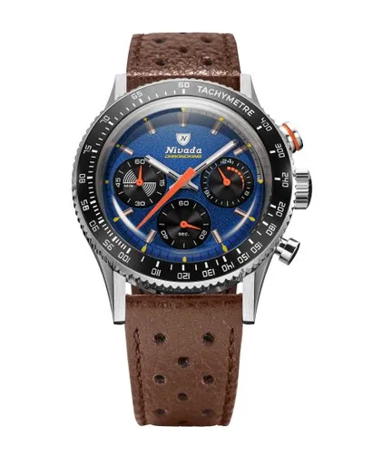 Nivada Grenchen Chronoking Mecaquartz Racing Blue - Inter. Bezel - Brown Racing Strap