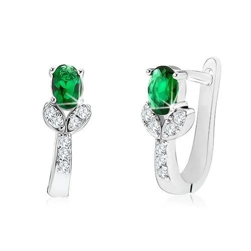 Stříbrné 925 náušnice - zelený květ na čirém zirkonovém stonku s lístky