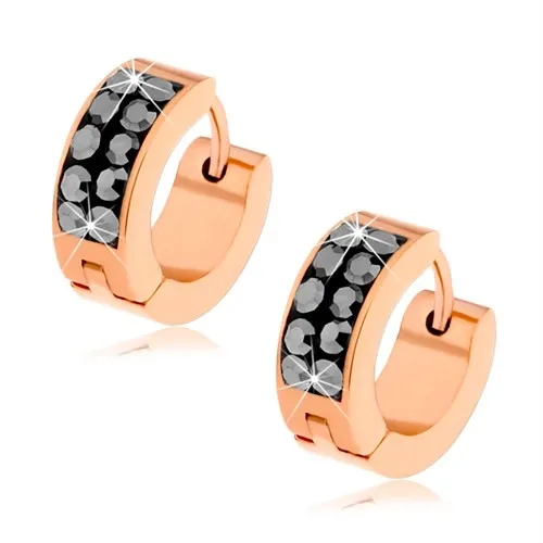 Náušnice z oceli 316L, měděná barva, ocelově šedé blyštivé zirkony