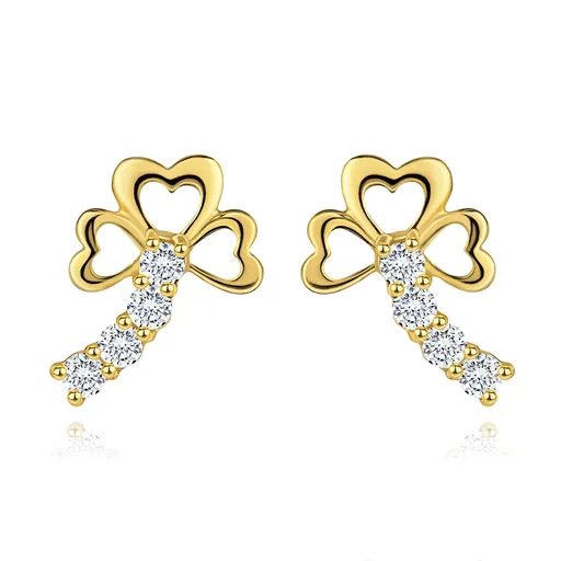 Zlaté diamantové náušnice 14K - trojlístek s třpytivým stonkem, čiré brilianty
