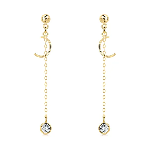 14K zlaté náušnice s půlměsícem a zirkonem na řetízku