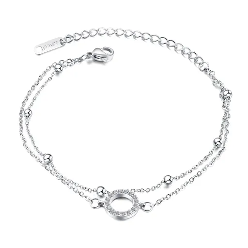 Dvojitý ocelový náramek - kruh se zirkony, kuličky, stříbro