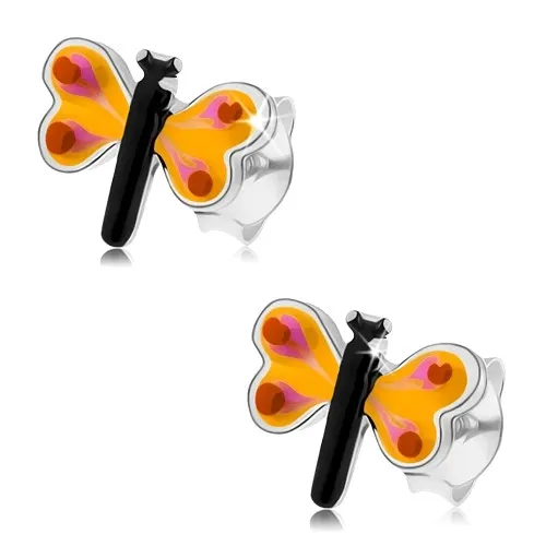 Náušnice ze stříbra 925, motýlek s barevnou glazurou, žlutá křídla
