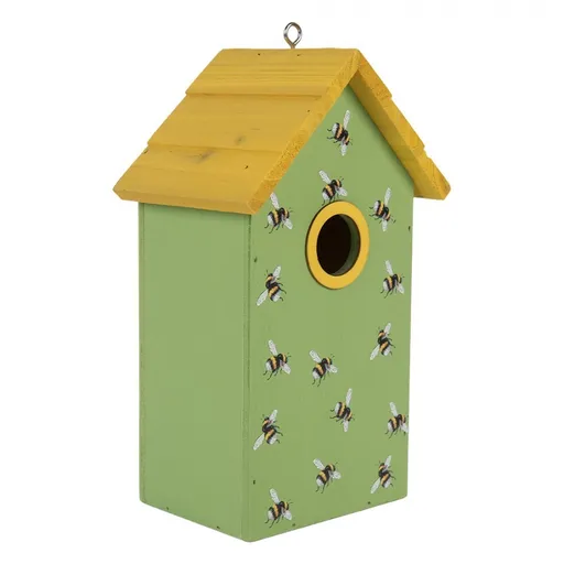 Zeleno-žlutá dřevěná ptačí budka se včelkami Birdhouse - 15*10*22 cm Clayre & Eef