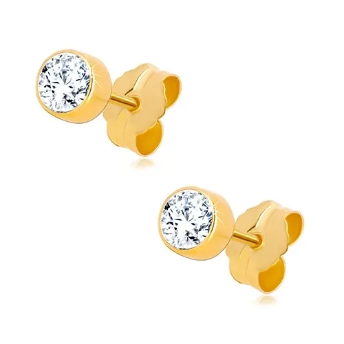 Náušnice ze žlutého zlata 585 - čirý kulatý zirkon v objímce, 4 mm