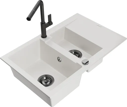 MEXEN/S Gaspar granitový dřez 1.5 s odkapávačem včetně baterie Flora, bílá 6507-20-670401-70-B