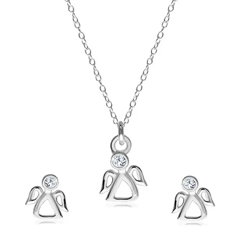 Dvojset ze stříbra 925 - náušnice a náhrdelník, vykrajovaný andílek s čirým zirkonem