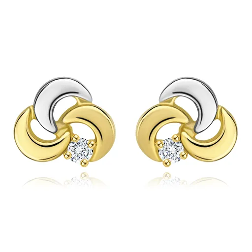 Náušnice ze 14K zlata - trojlístek s čirým diamantem, dvoubarevné provedení