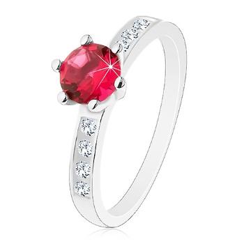 Strieborný 925 prsteň - zdobené ramená, tmavoružový okrúhly zirkón - Veľkosť: 52 mm