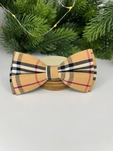 Vsepropejska Louis károvaný motýlek pro psa na obojek Barva: Béžová, Rozměr (cm): 5x11 cm