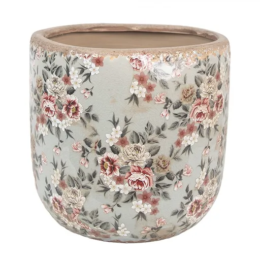 Zelený keramický dekorační květináč s květy Floria XL - Ø 19*18 cm  Clayre & Eef