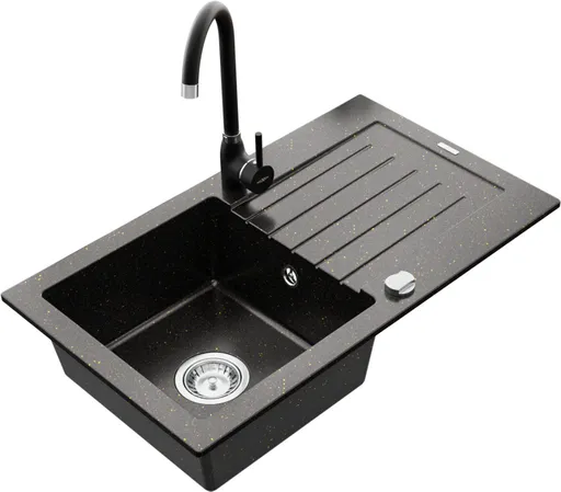 MEXEN/S Pablo granitový dřez 1 s odkapávačem včetně baterie Telma, černá/zlatý 6510-75-670200-70