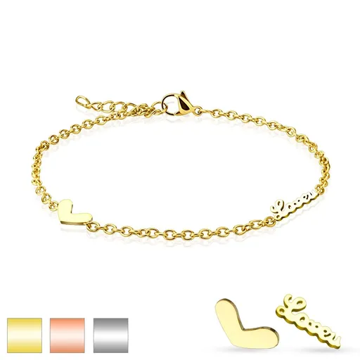 Náramek z chirurgické oceli, přívěsky - srdíčko a zamilovaný nápis, oválná očka - Barva: Měděná