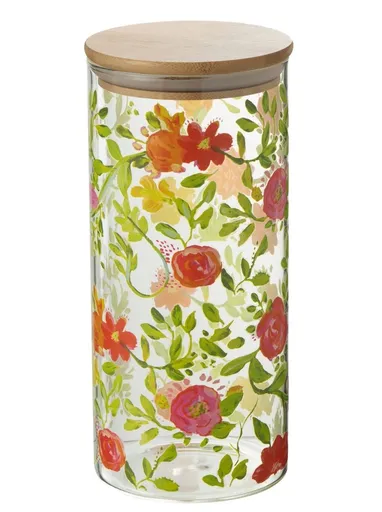Skleněná dóza na potraviny s dřevěným víčkem a květy  Floral glass - Ø10*23cm / 1400ml J-Line by Jolipa