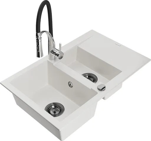 MEXEN/S Gaspar granitový dřez 1.5 s odkapávačem včetně baterie Aster, bílá 6507-20-73450-07-B