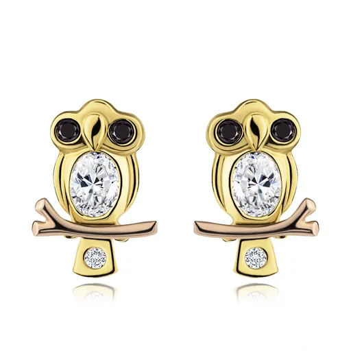 Náušnice ve 14K zlatě - moudrá sova s čirým bříškem a černýma očima