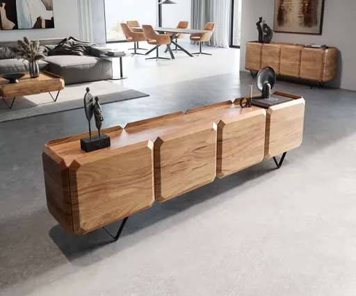 TV stolek Kiano 220 cm přírodní akácie 4 dvířka podnož ve tvaru