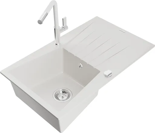 MEXEN/S Cesar granitový dřez 1-miska s odkapávačem včetně baterie Flora, bílá 6514-20-670401-02