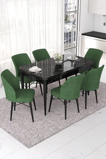 Extendable Dining Table & Chairs Set (7 Pieces) Nef - Black Marble, Khaki