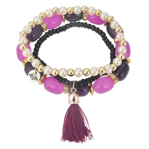 Fialovo černo bílý korálkový náramek se střapcem MLB00573