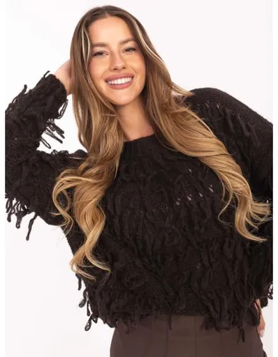 Tmavě hnědý oversize svetr s třásněmi RUE PARIS