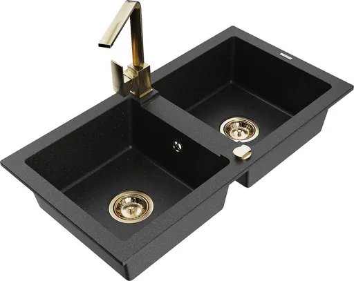 MEXEN/S Mario granitový dřez 2-bowly včetně baterie Rita, černý/stříbrný metalik 6504-73-670300-50