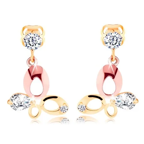 Zlaté náušnice 585 - dvoubarevný motýlek zdobený čirými zirkony