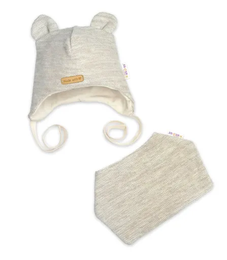 Baby Nellys Pletená čepice s šátkem 2v1, Teddy Hand made - světle béžová, 68/74