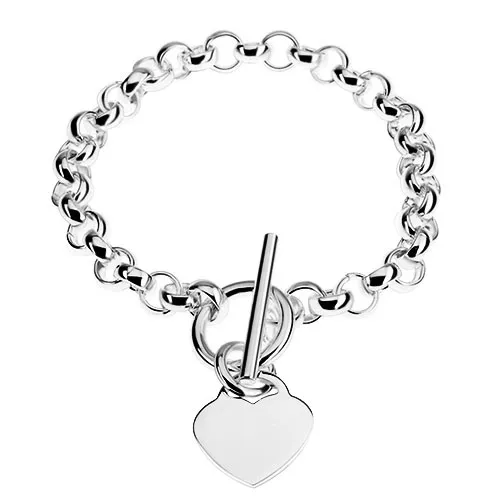 Stříbrný náramek 925, masivní řetízek, ploché lesklé srdíčko