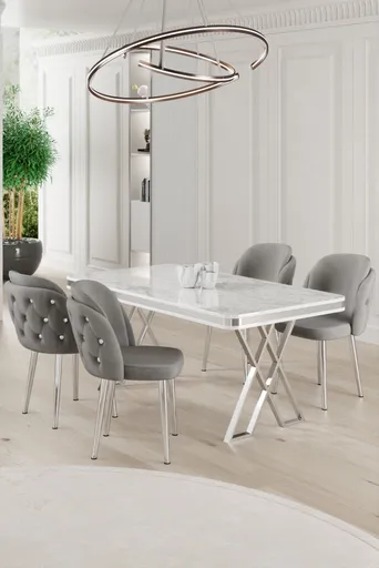 Dining Table & Chairs Set (5 Pieces) Rigel - White, Chrome, Grey