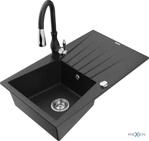MEXEN/S Cesar granitový dřez 1 s odkapávačem včetně baterie Savita, černá/stříbrná metalik 6514-73-672601-70