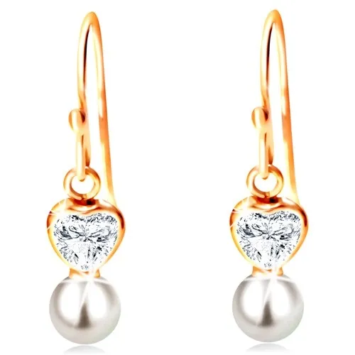 Náušnice ve žlutém 14K zlatě - čiré srdíčko a bílá kulatá perla na háčku