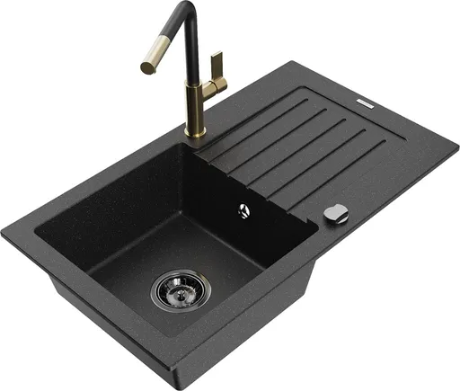 MEXEN/S Pablo granitový dřez 1 s odkapávačem včetně baterie Flora, černá/stříbrná metalik 6510-73-670401-57-B