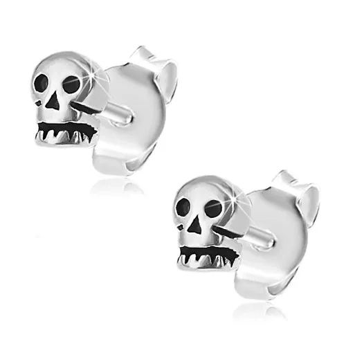 Puzetové náušnice, stříbro 925, lesklé lebky zdobené černou patinou