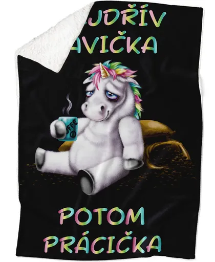 Deka Nejdřív kávička – jednorožec (Podšití beránkem: ANO)