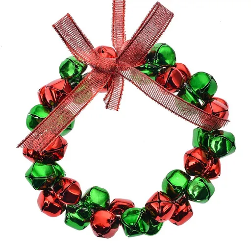 Zeleno-červená dekorace závěsný kruh s rolničkami - Ø 11*2 cm Clayre & Eef