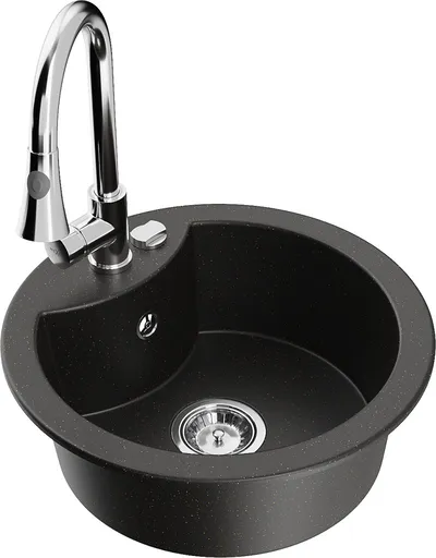 MEXEN/S Diego granitový dřez 1-miska včetně baterie Elia, černá/zlatá metalik 6512-75-670101-00