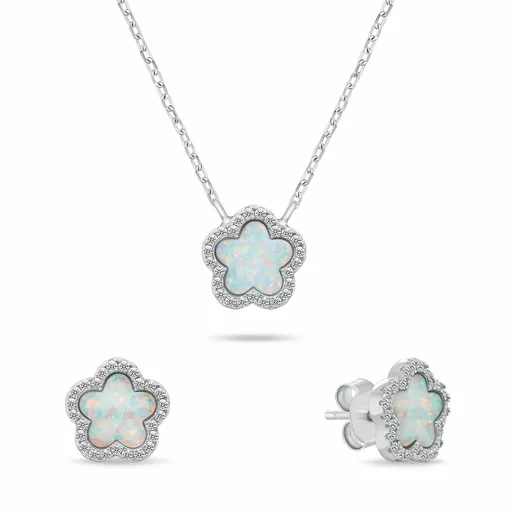 Brilio Silver Slušivý set šperků s opály a zirkony Květiny SET289W (náhrdelník, náušnice)