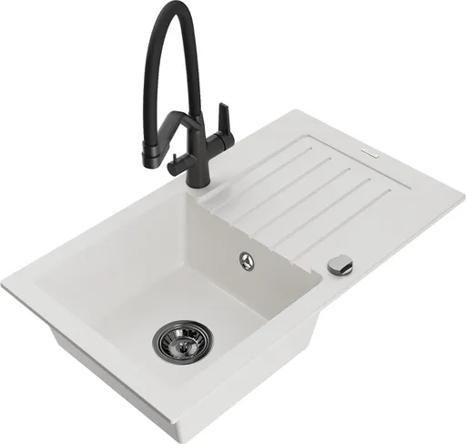 MEXEN/S Pablo granitový dřez s odkapávačem včetně baterie Duo, bílá 6510-20-671701-70-B