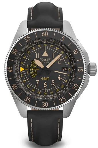 Aviator Airacobra GMT V.1.37.0.303.4 - Černý kožený řemínek